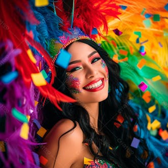 Mulher de cabelo preto com penas multicoloridas para carnaval 42