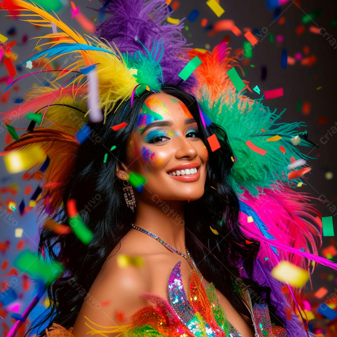 Mulher sorridente com fantasia colorida em festa