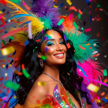 Mulher de cabelo preto com penas multicoloridas para carnaval 43