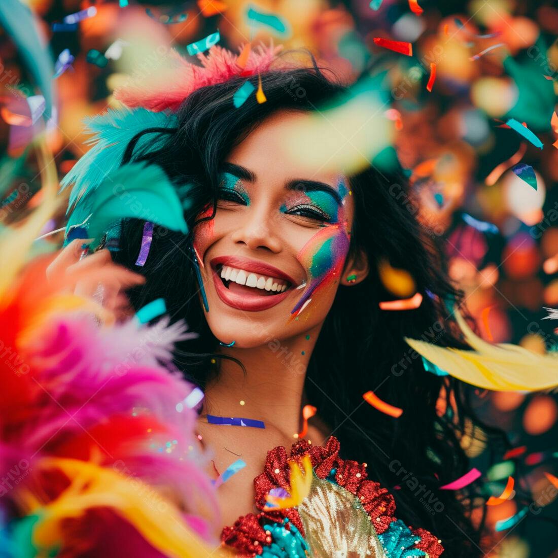 Mulher sorrindo Carnaval penas coloridas