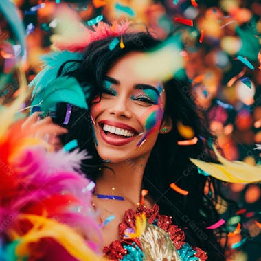 Mulher de cabelo preto com penas multicoloridas para carnaval 44