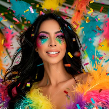 Mulher de cabelo preto com penas multicoloridas para carnaval 45