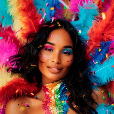 Mulher de cabelo preto com penas multicoloridas para carnaval 46