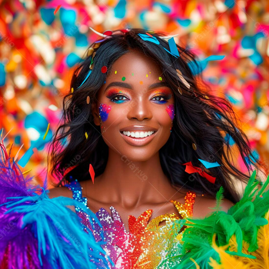 Modelo negra com maquiagem vibrante em Carnaval