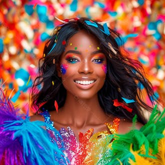 Mulher de cabelo preto com penas multicoloridas para carnaval 47