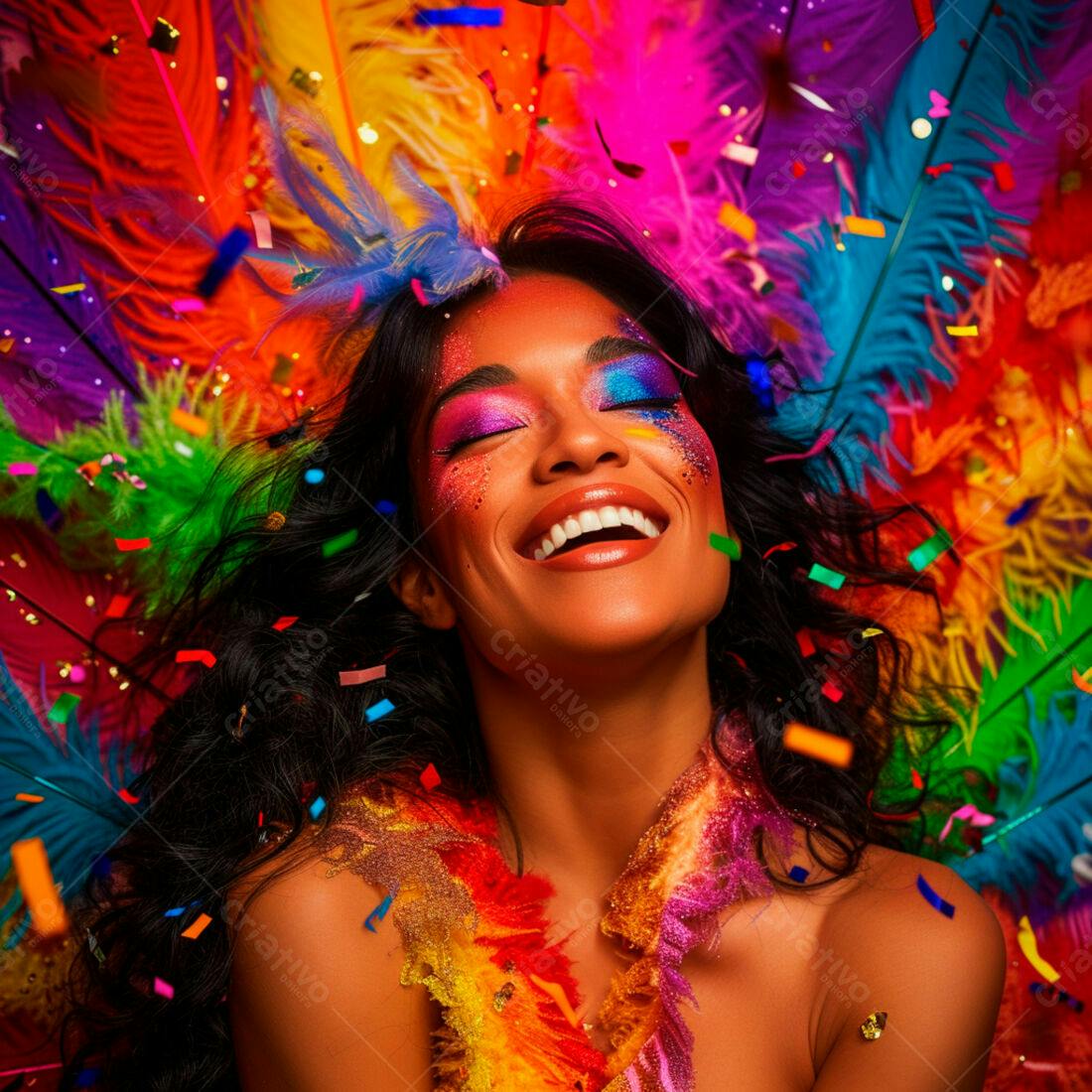 Mulher sorridente em festa com confetes e penas coloridas