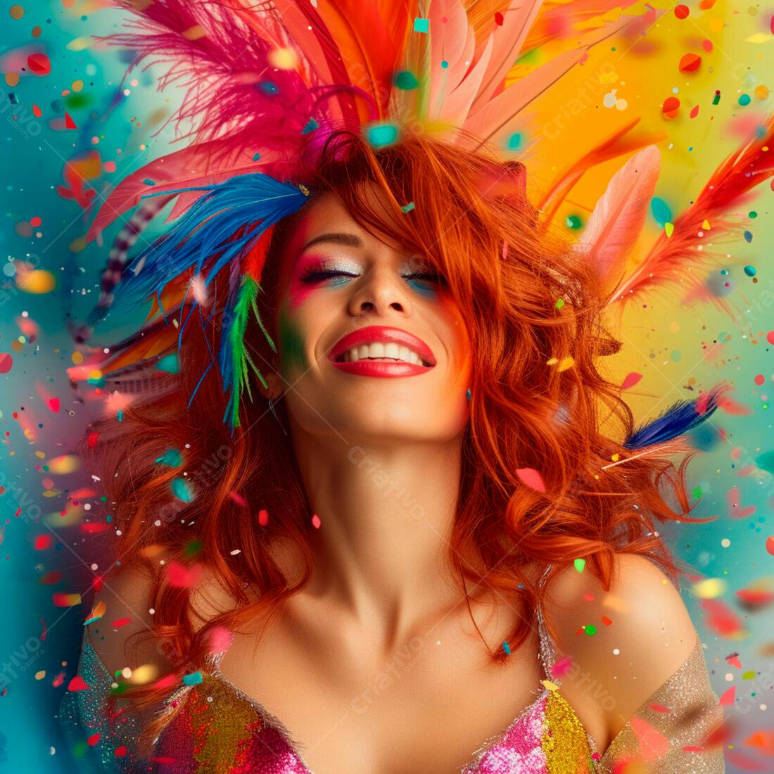 Mulher ruiva em festa com penas e confetes