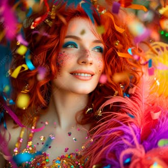 Mulher ruiva com penas multicoloridas para carnaval 2