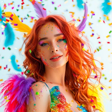 Mulher ruiva com penas multicoloridas para carnaval 3