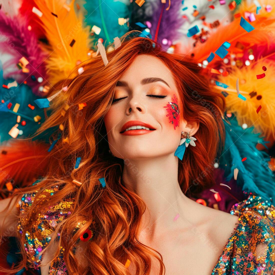 Mulher ruiva em cenário carnavalesco