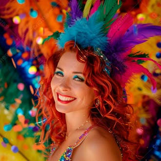 Mulher ruiva com penas multicoloridas para carnaval 5