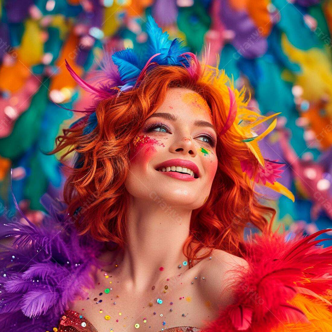 Mulher ruiva com maquiagem vibrante e penas