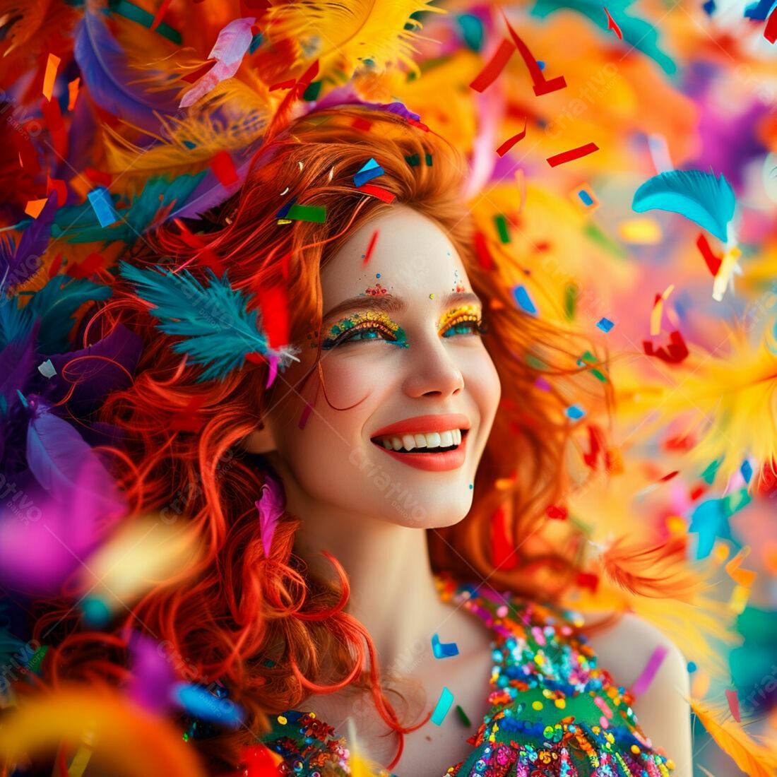 Mulher ruiva em meio a confetes e penas coloridas