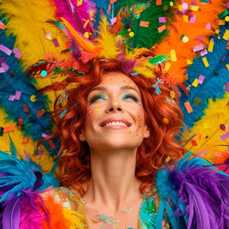 Mulher ruiva com penas multicoloridas para carnaval 8