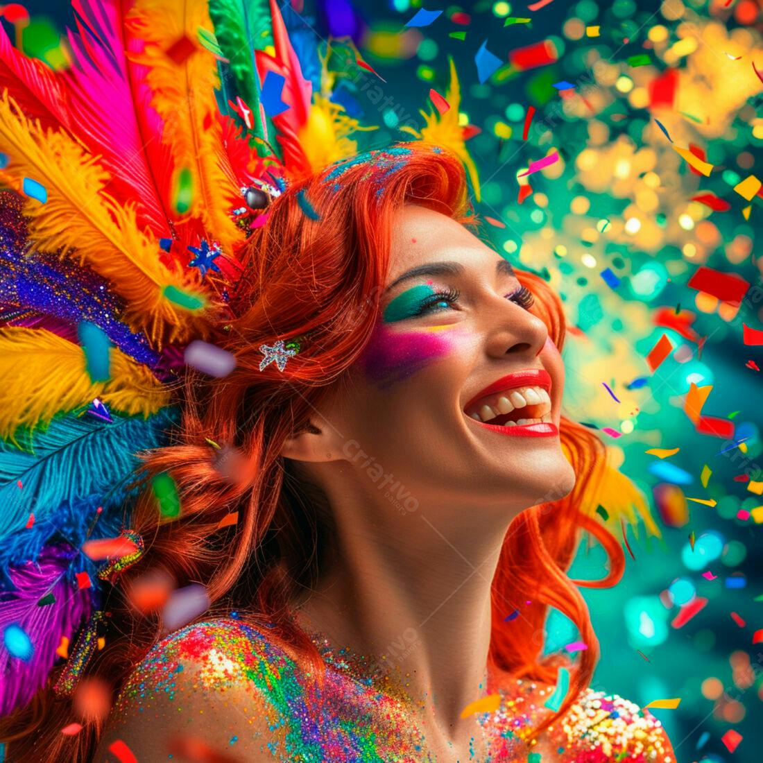 Mulher ruiva em Carnaval com glitter e penas