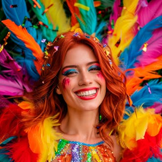 Mulher ruiva com penas multicoloridas para carnaval 10