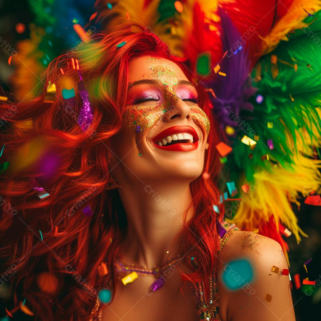 Mulher ruiva vibrante em festa com glitter