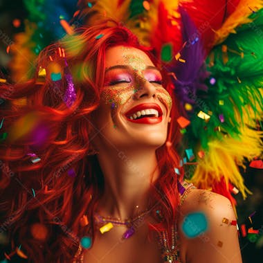 Mulher ruiva com penas multicoloridas para carnaval 11