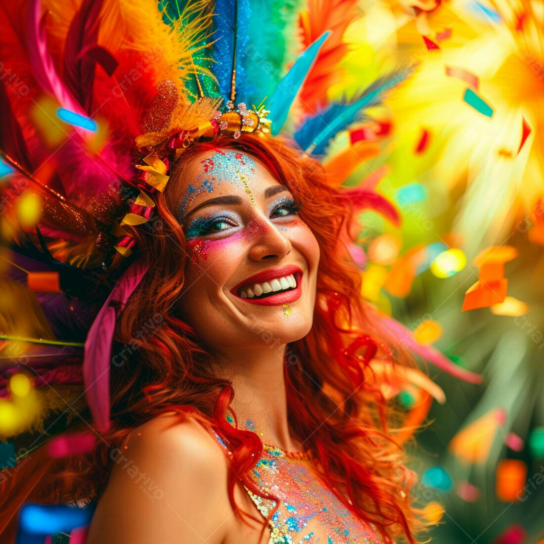 Mulher ruiva em Carnaval com penas coloridas