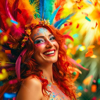 Mulher ruiva com penas multicoloridas para carnaval 12