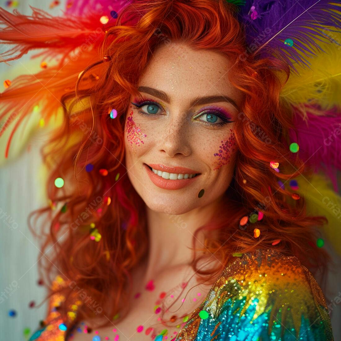 Mulher ruiva sorridente com glitter e penas