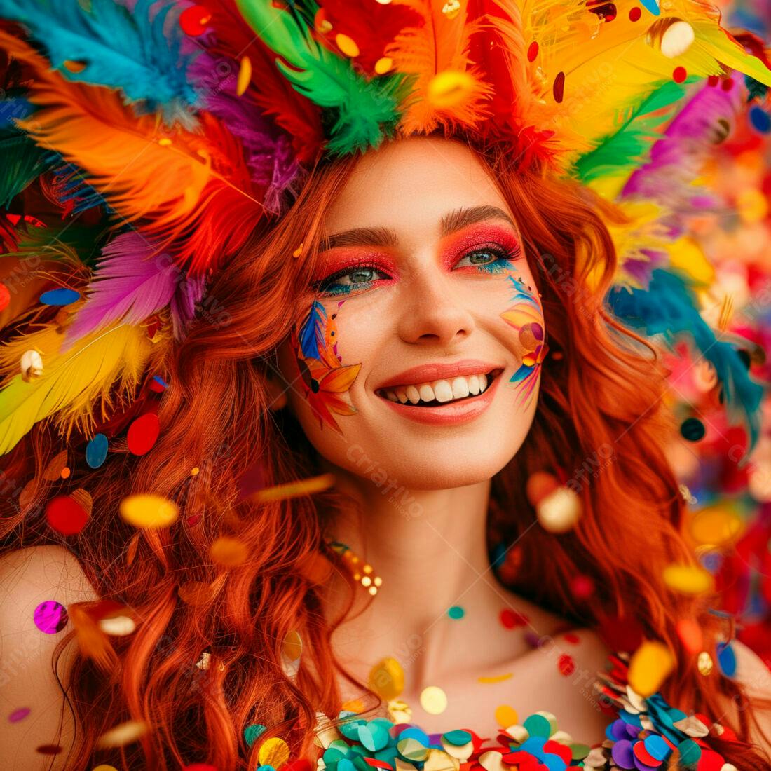 Mulher ruiva com maquiagem vibrante e penas coloridas