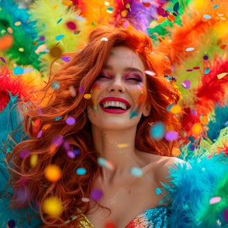 Mulher ruiva com penas multicoloridas para carnaval 15