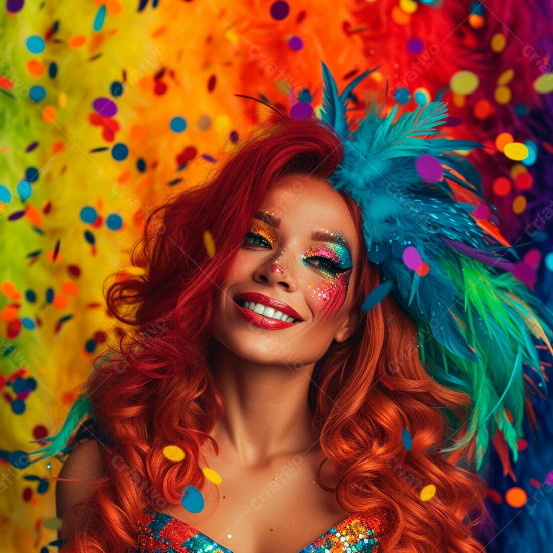 Mulher com maquiagem vibrante e penas coloridas