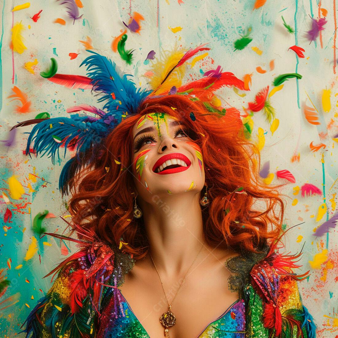 Mulher ruiva em Carnaval com penas coloridas