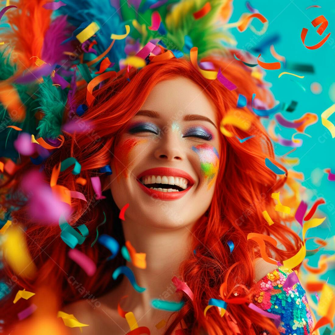 Mulher ruiva em festa com confetes coloridos