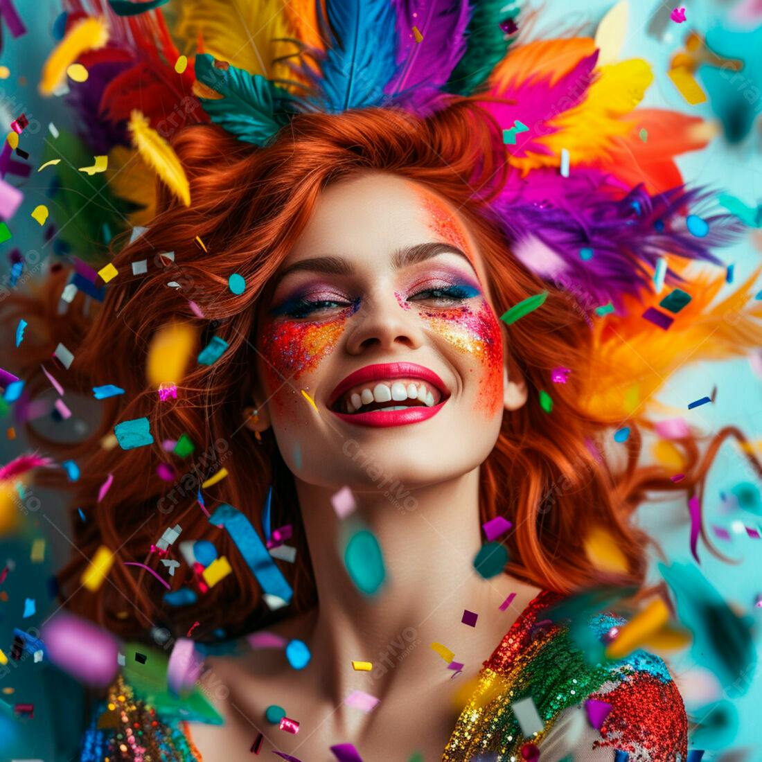 Mulher ruiva com maquiagem vibrante em meio a confetes