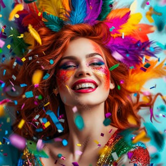Mulher ruiva com penas multicoloridas para carnaval 19