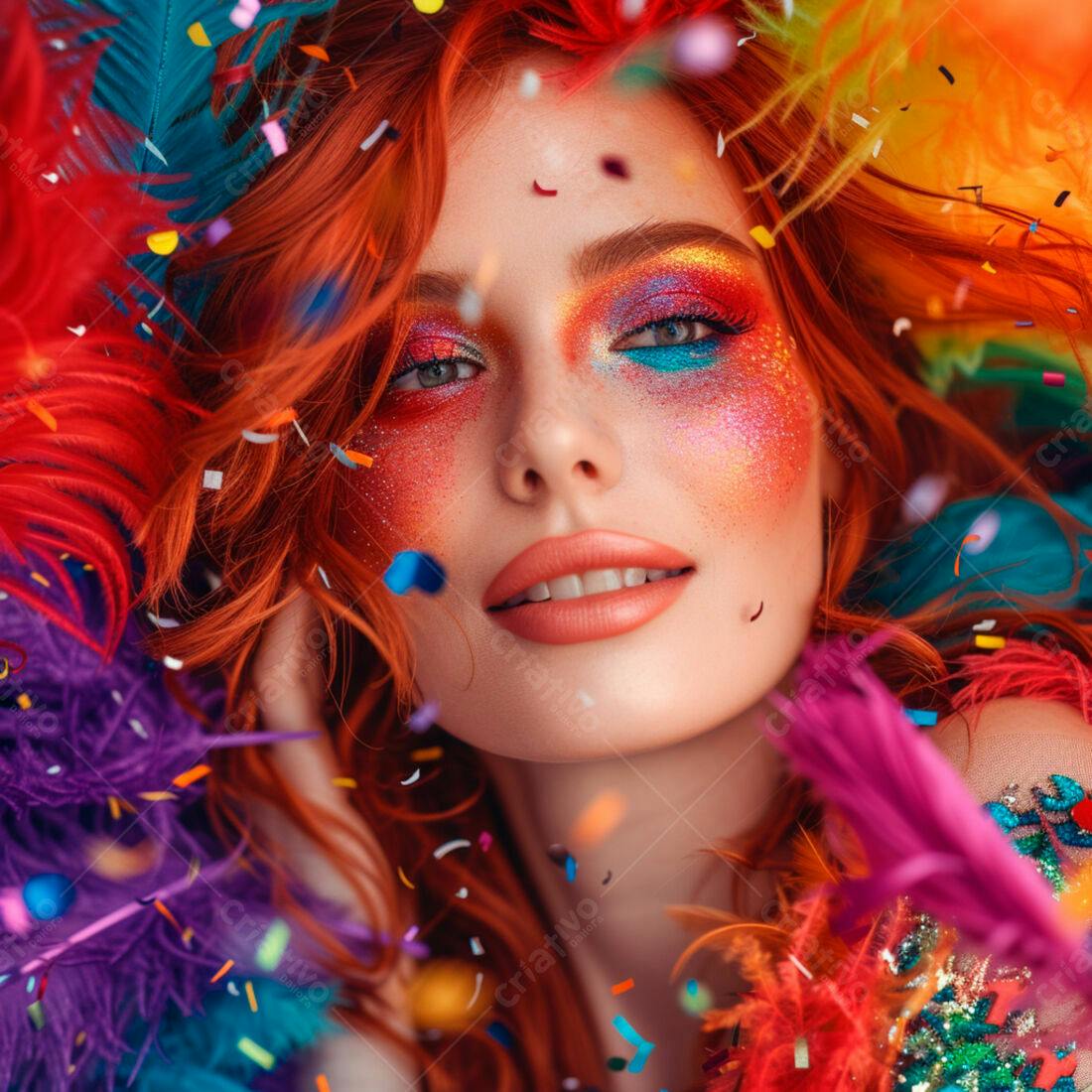 Modelo com maquiagem vibrante e penas coloridas