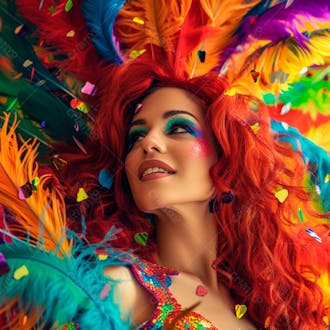 Mulher ruiva com penas multicoloridas para carnaval 21