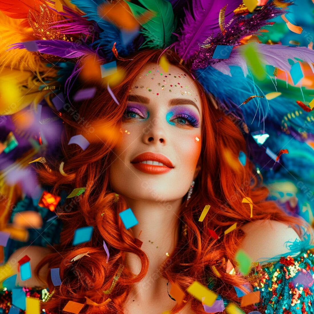 Mulher ruiva com maquiagem vibrante em meio a confete