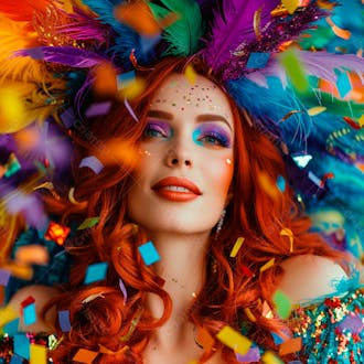 Mulher ruiva com penas multicoloridas para carnaval 22