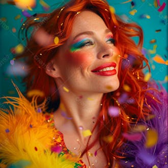 Mulher ruiva com penas multicoloridas para carnaval 23