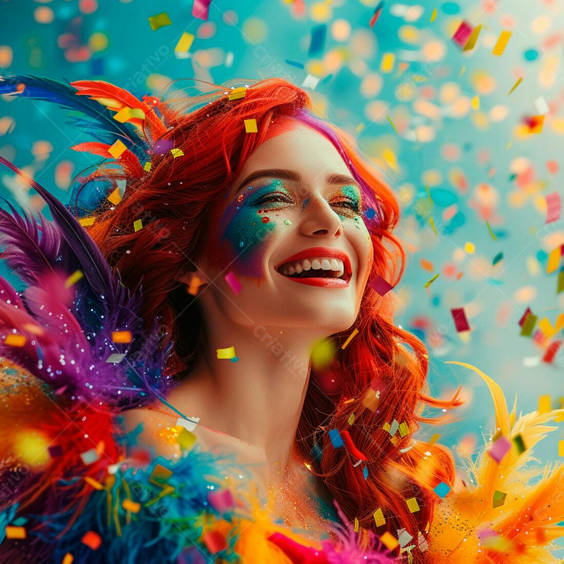 Mulher ruiva em festa com confete e penas