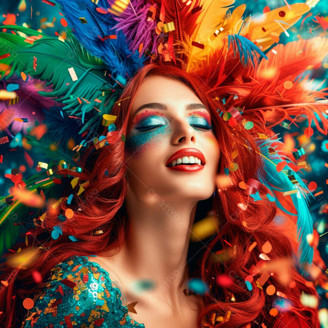Mulher ruiva com maquiagem vibrante em Carnaval