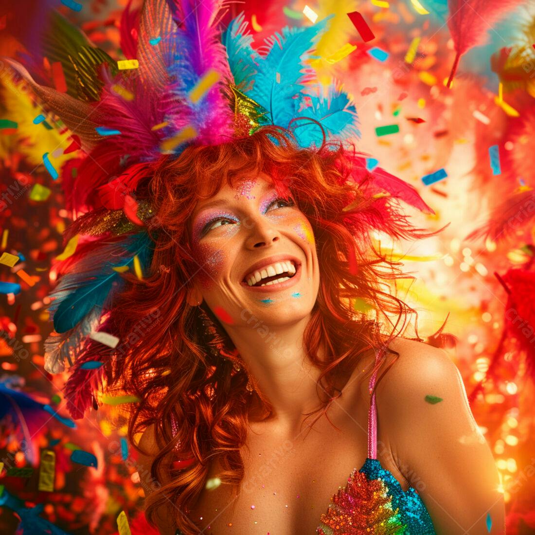 Mulher ruiva feliz em carnaval com penas coloridas