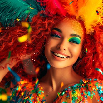 Mulher ruiva com penas multicoloridas para carnaval 27