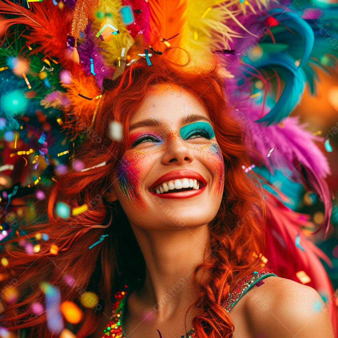 Mulher ruiva em Carnaval com glitter e penas