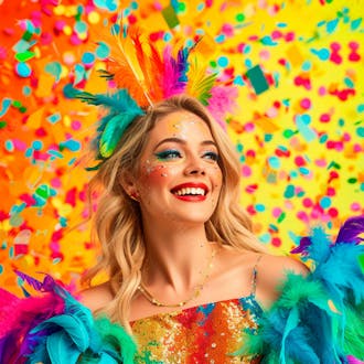 Mulher loira com penas multicoloridas para carnaval 2