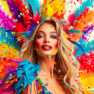 Mulher loira com penas multicoloridas para carnaval 1