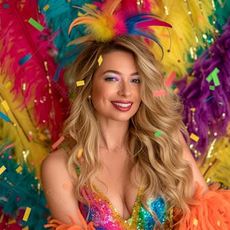 Mulher loira com penas multicoloridas para carnaval 3