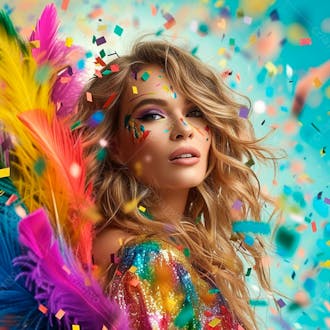 Mulher loira com penas multicoloridas para carnaval 4