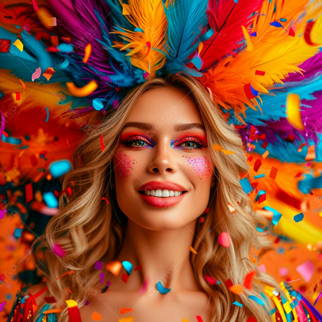 Mulher loira com maquiagem vibrante e fantasia de penas