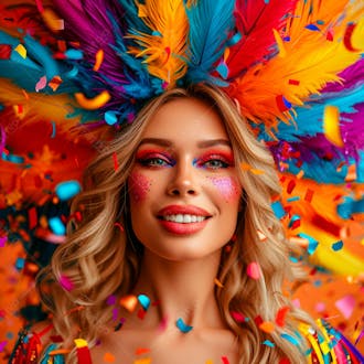Mulher loira com penas multicoloridas para carnaval 5