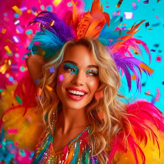 Mulher loira com penas multicoloridas para carnaval 6