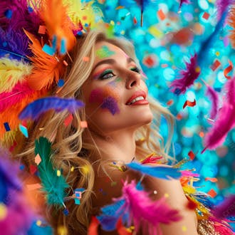 Mulher loira com penas multicoloridas para carnaval 7